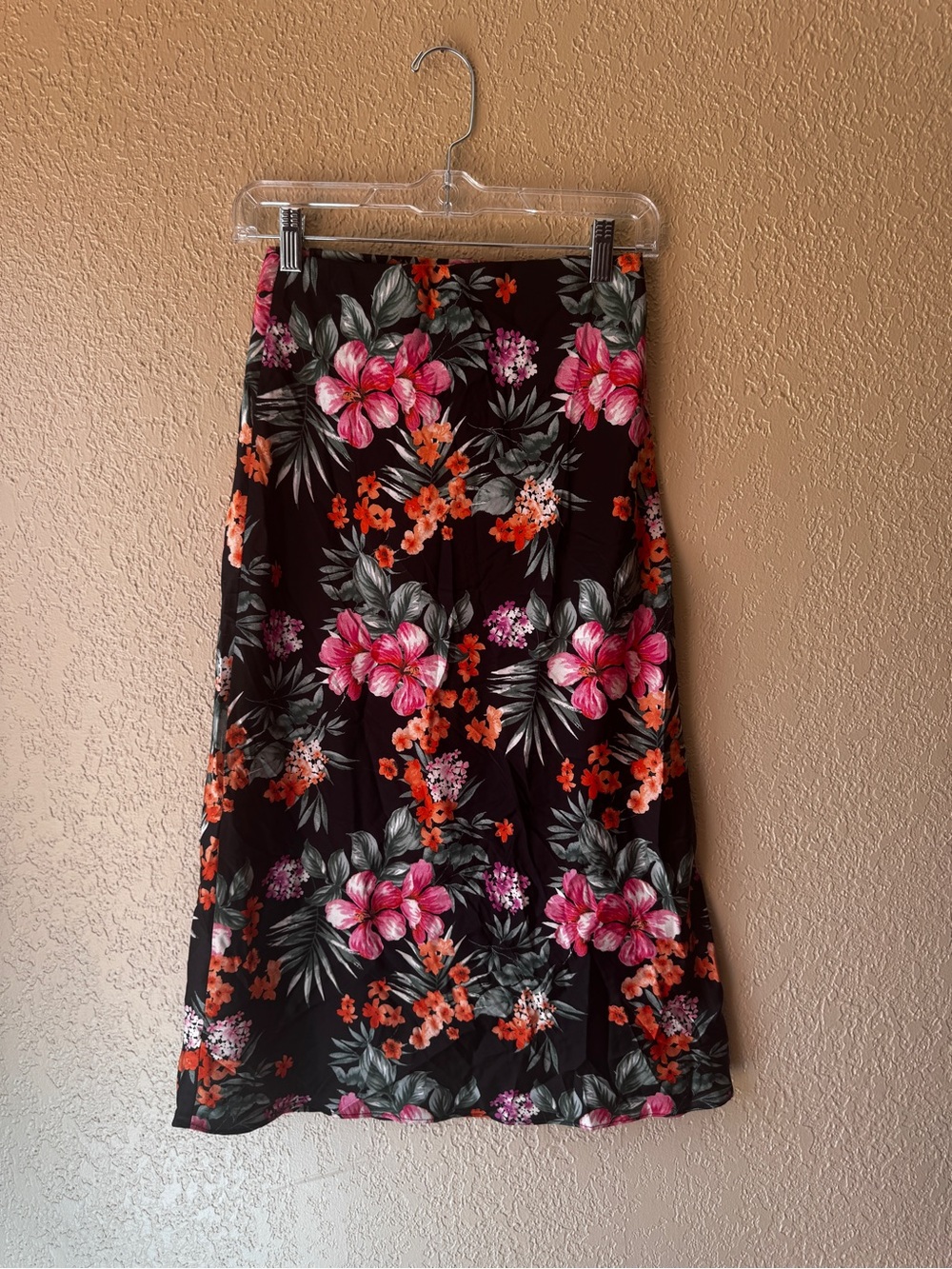 Floral A-Line Midi Skirt in Black with Pink & Orange Blooms